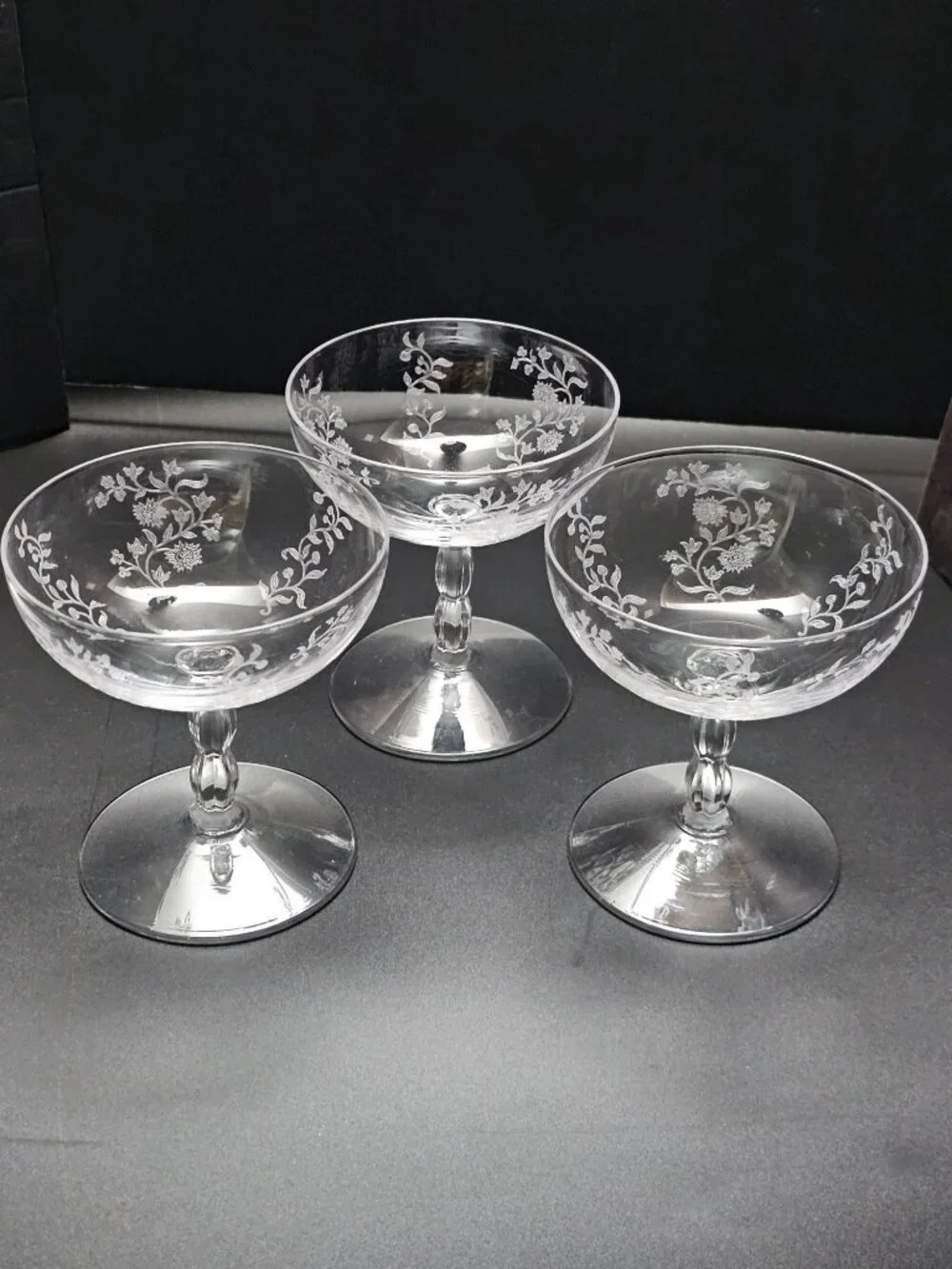 3 Fostoria Rambler Champagne Coupe Glasses vtg Floral Etched elegant 1950s